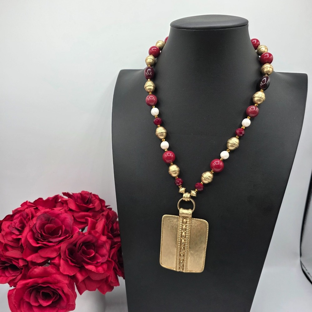 Chico's‎ Statement Pendant Necklace Red Gold Beads Bold Chunky Style Unique Fun
